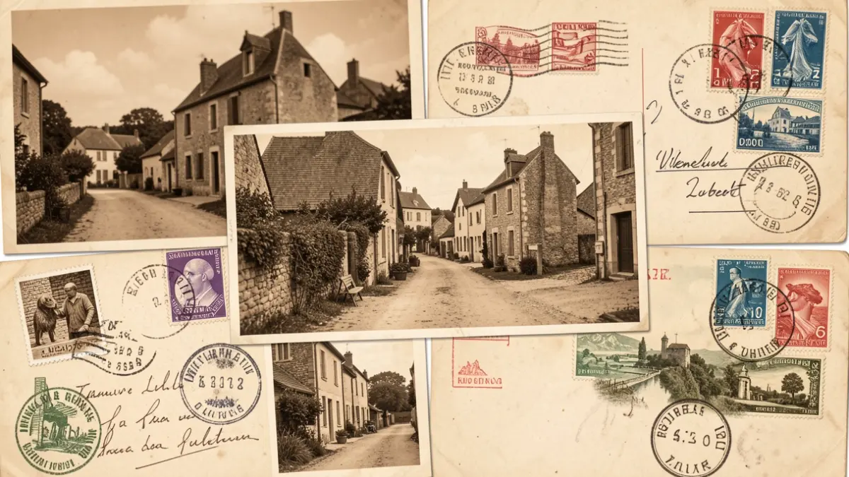 Image générique de fragments d'histoire montrant des cartes postales anciennes, des timbres et des cachets de la poste.