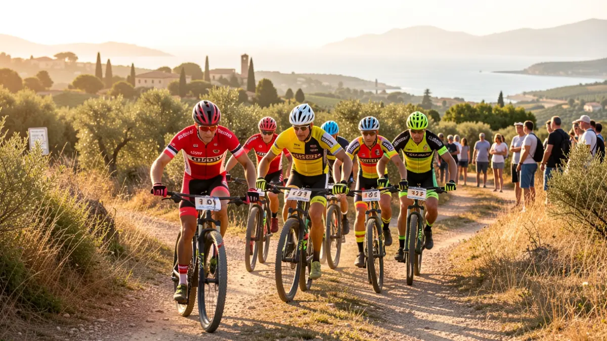 Generic image of firefighters participating in a mountain bike race in a sunny Southern France landscape.