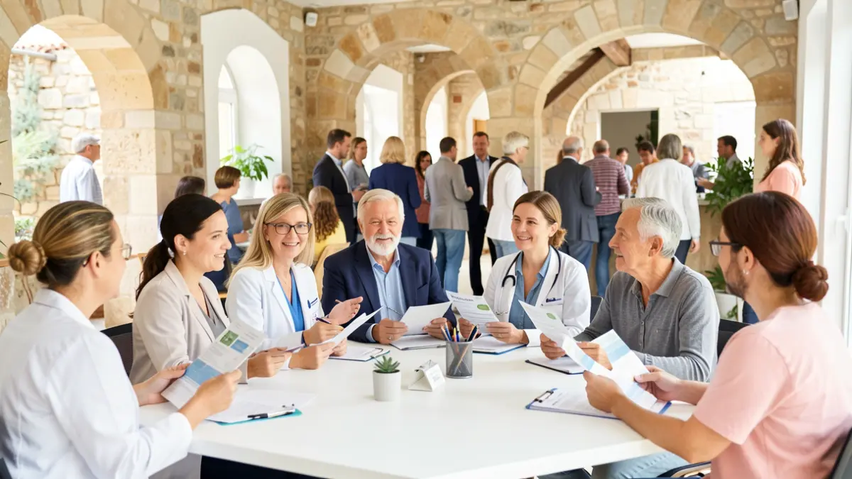 Generic image of people participating in a public health campaign, discussing with professionals in a bright and welcoming environment.