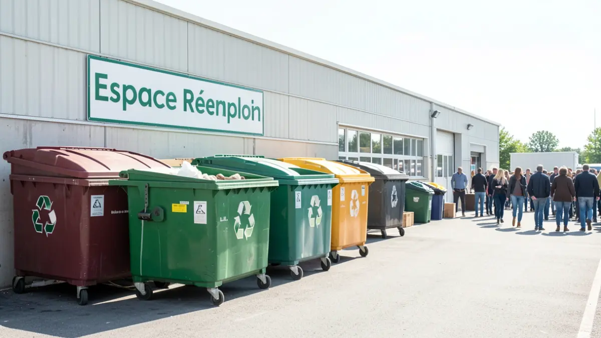 Image générique d'un centre de recyclage avec des conteneurs et une signalétique.