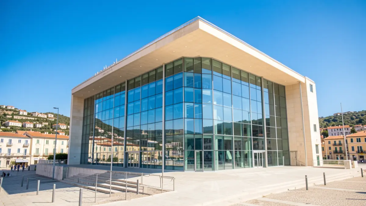 Generic image of a modern congress center facade under a sunny blue sky.