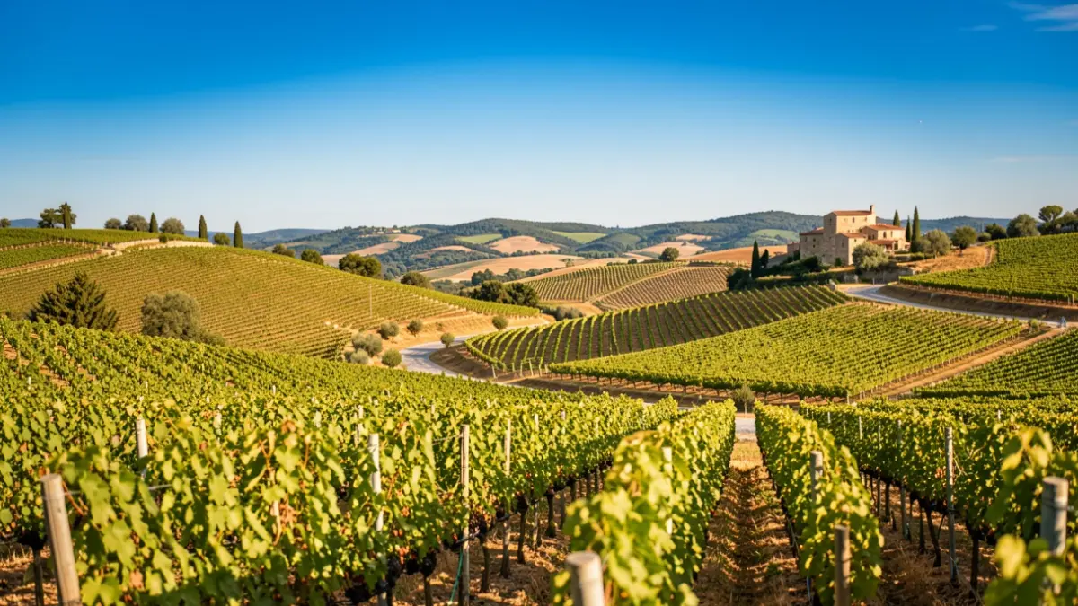 Generic image of vineyards in Provence under a blue sky.