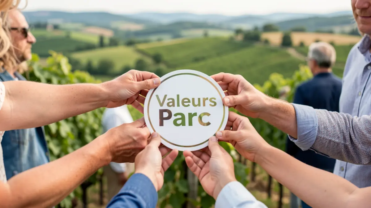 Generic image of diverse hands reaching towards a 'Valeurs Parc' badge against a Provençal landscape background.