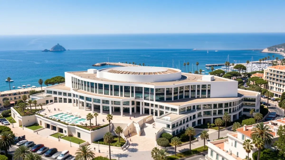 Vue aérienne du Palais des Festivals à Cannes, France, avec la mer Méditerranée en arrière-plan.
