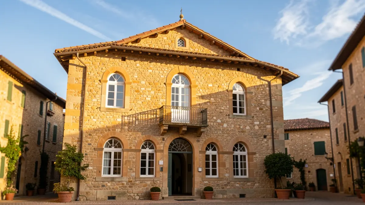 Generic image of a sunlit Provençal town hall facade.