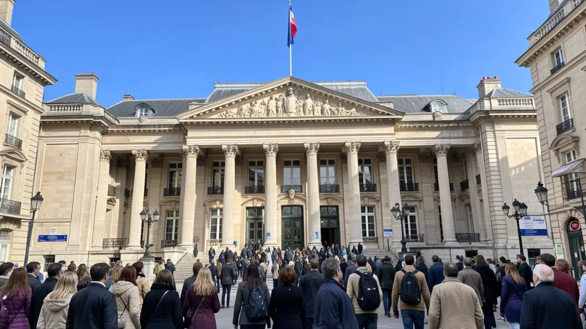 Image générique d'une façade de bâtiment officiel français avec des colonnes et un ciel bleu.