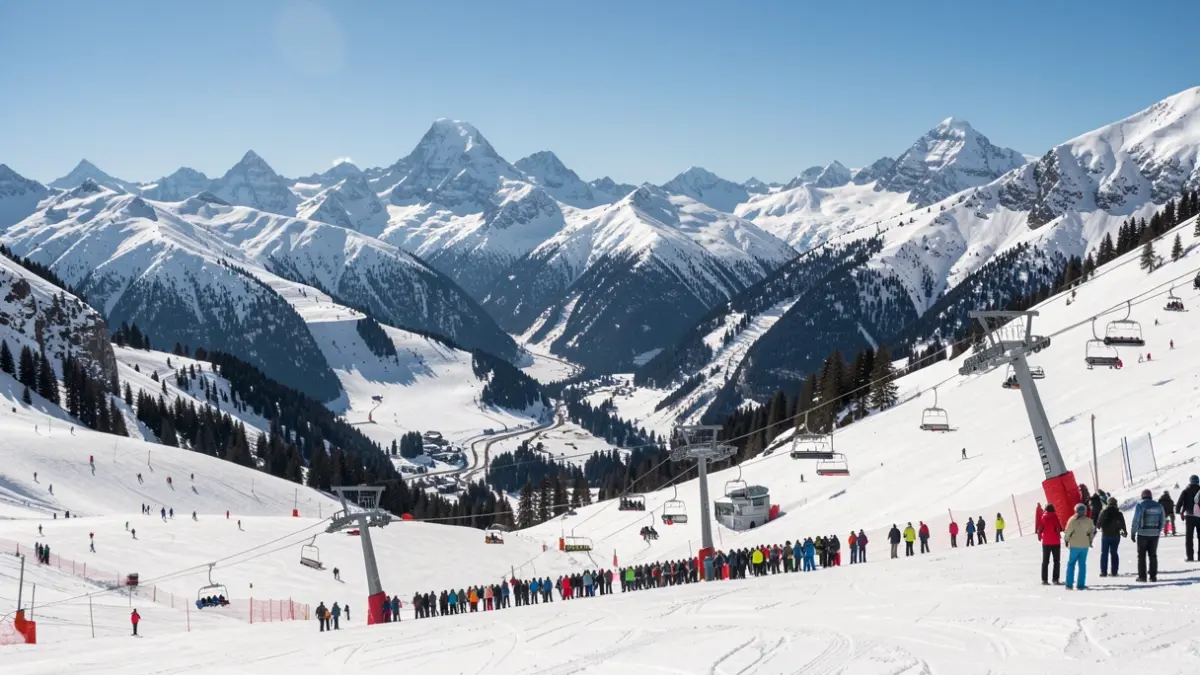 Image générique de montagnes enneigées et de pistes de ski dans les Alpes françaises, sous un ciel bleu et ensoleillé.