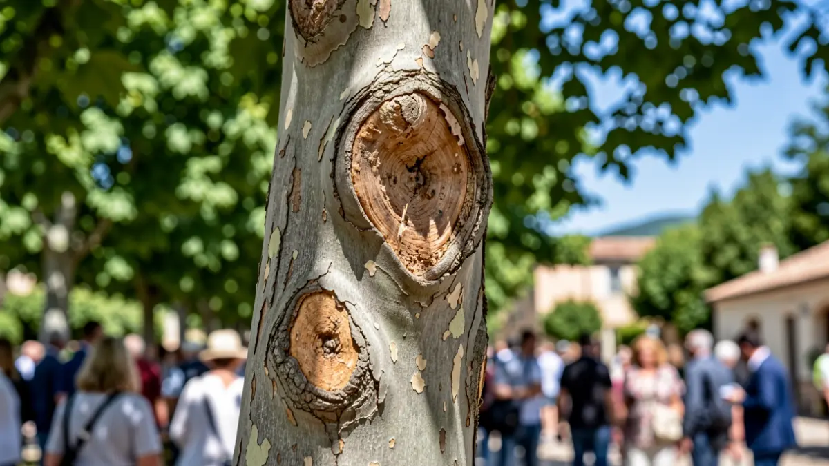Gros plan sur le tronc d'un platane malade atteint du chancre coloré, dans un paysage de Provence.