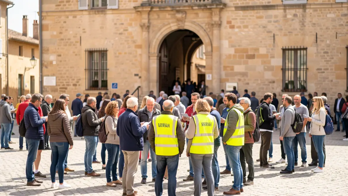 Image générique de bénévoles se rassemblant devant un bâtiment historique pour une action solidaire.