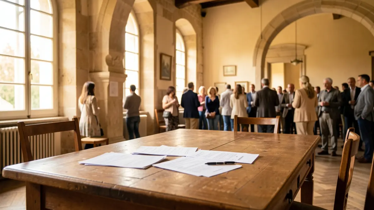 Generic image of a ceremony room in a Provence town hall, with a table and documents.
