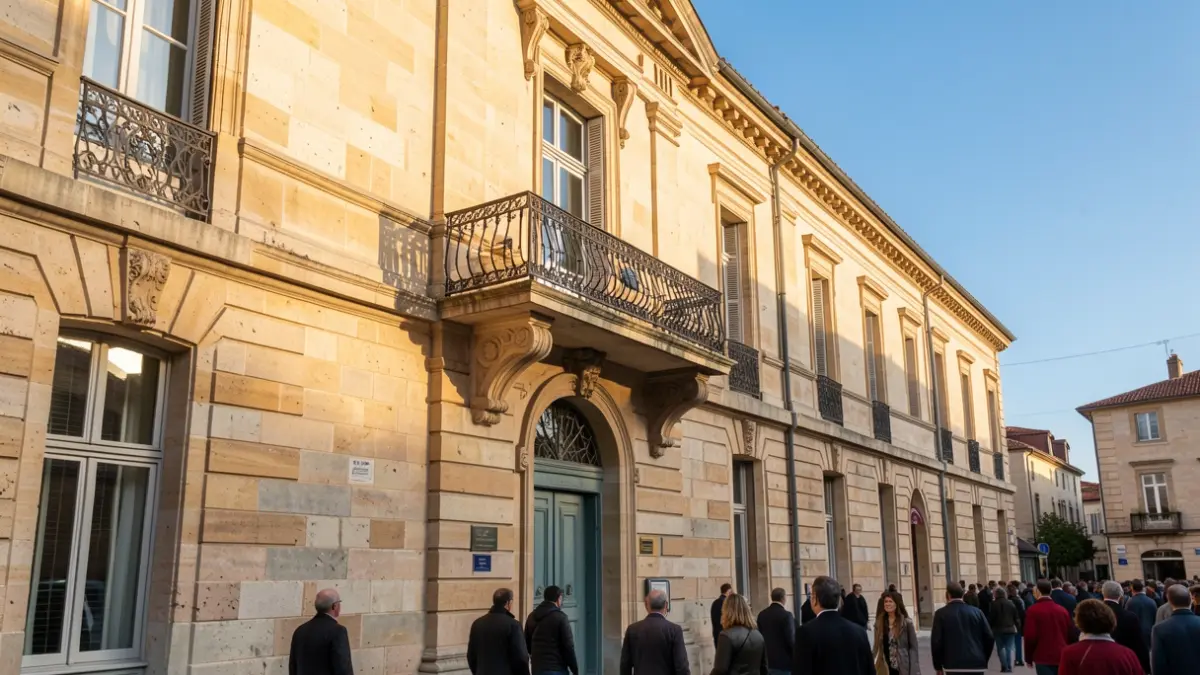 Generic image of a Provençal-style public building facade with an ornate balcony, under afternoon sunlight.