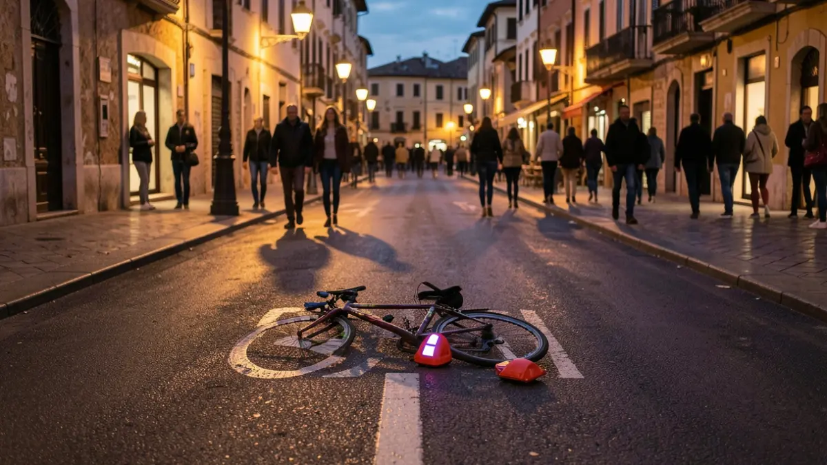 Generic image of a bicycle lane in a Mediterranean city at dusk, with streetlights and scattered safety accessories.