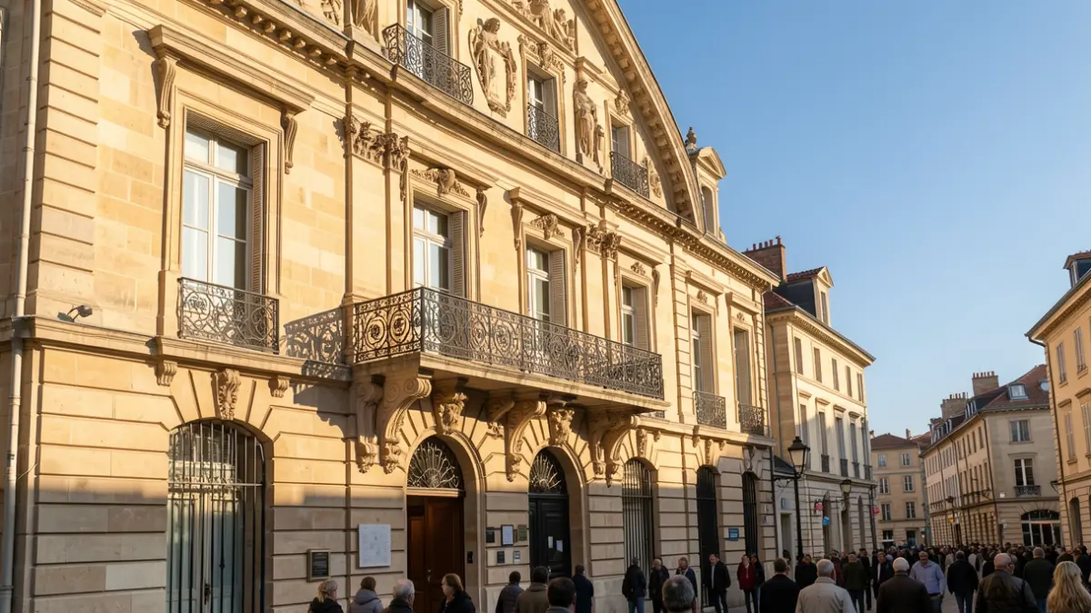 Generic image of a Provence-Alpes-Côte d'Azur official building facade with an ornate balcony, under afternoon sunlight.