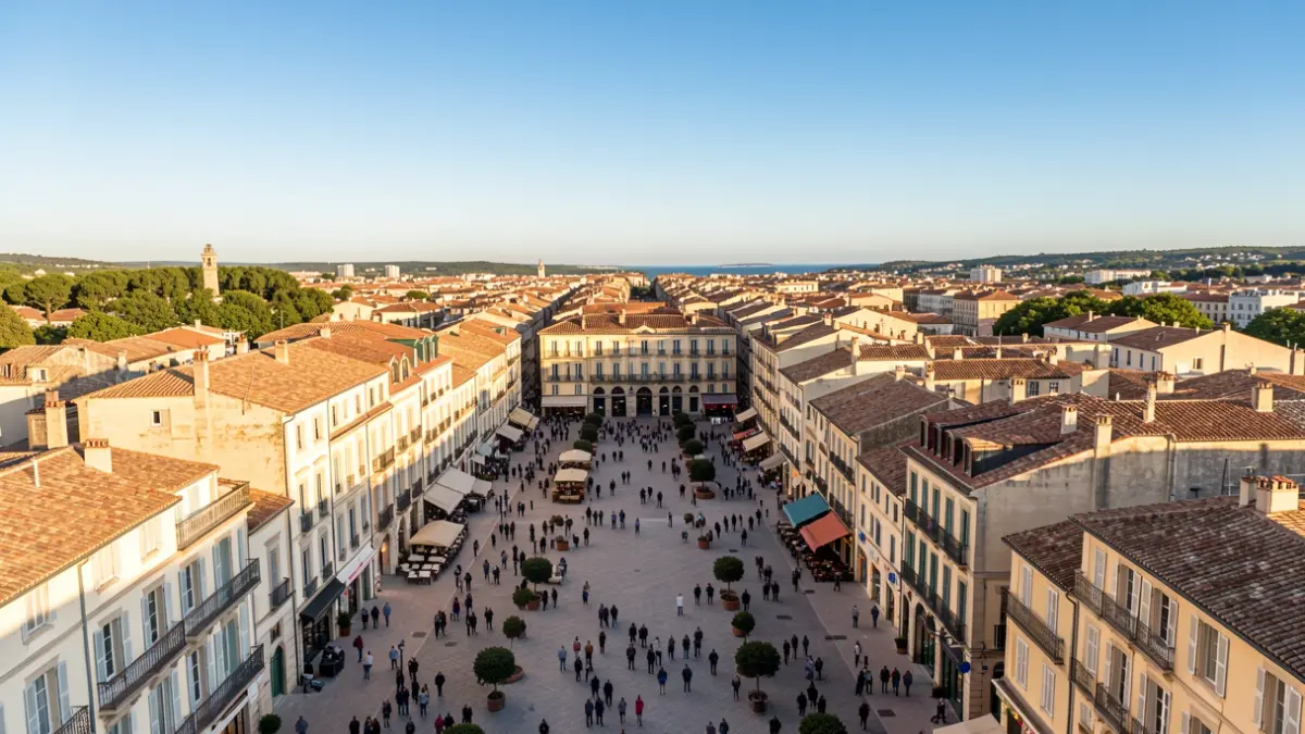 Generic image of an aerial view of the pedestrianized city center of Aix-en-Provence, with narrow streets and squares under a blue Mediterranean sky.