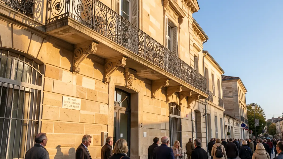 Image générique de la façade d'un hôtel de ville en pierre de Provence avec balcon et rambardes en fer forgé, sous un soleil d'après-midi.