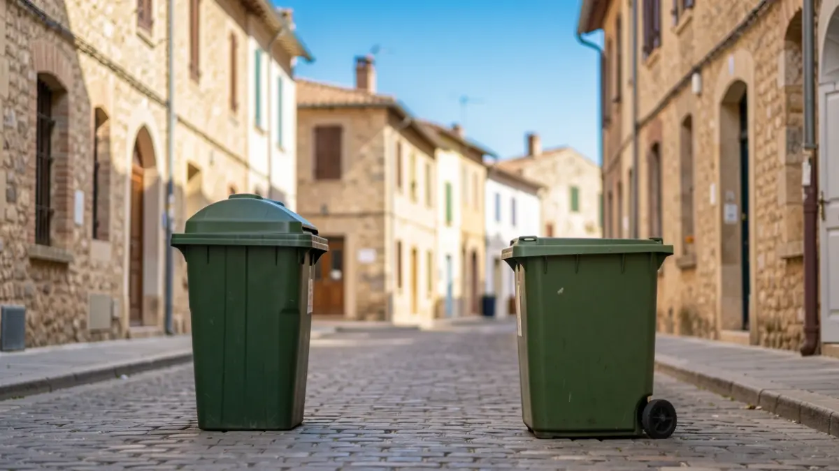 Generic image of waste bins removed from a Mediterranean city street, with Provençal architecture in the background.
