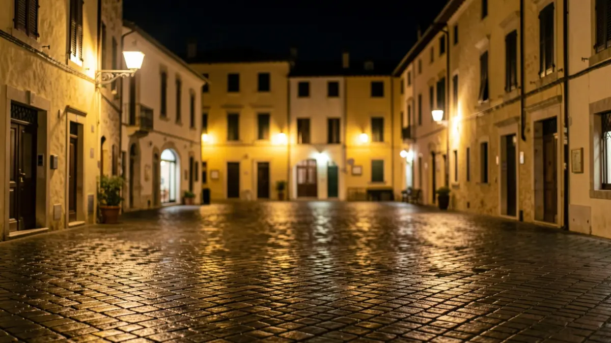 Image générique d'une place de village méditerranéen la nuit, avec des lampadaires chauds projetant de longues ombres sur les pavés mouillés, façades de bâtiments floues à l'arrière-plan.