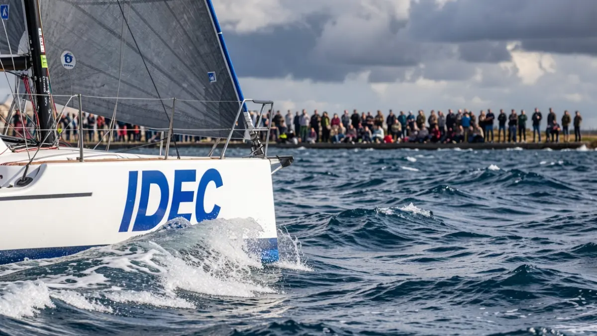 Generic image of a racing sailboat hull with the name 'IDEC' sailing on a choppy sea.