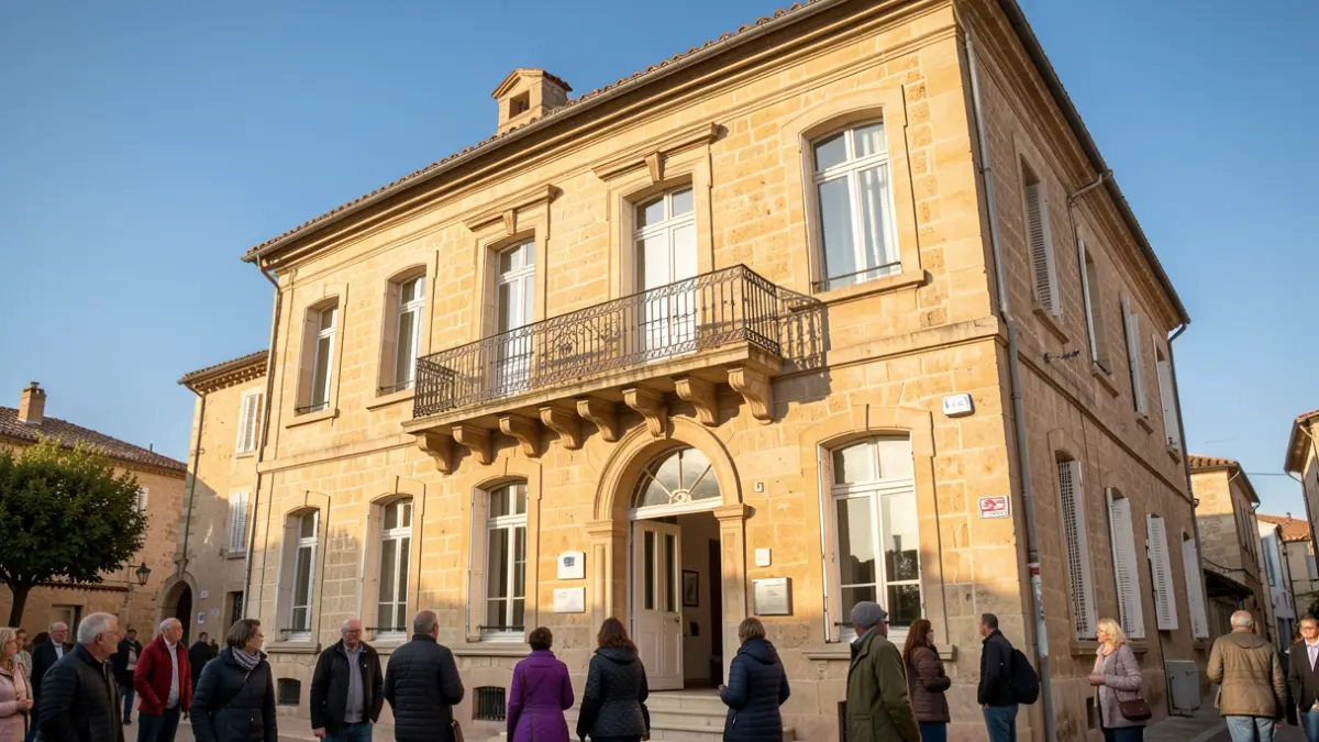 Façade de la mairie d'Allauch, un bâtiment traditionnel en pierre avec balcon et balustrade en fer forgé, sous le soleil d'après-midi.