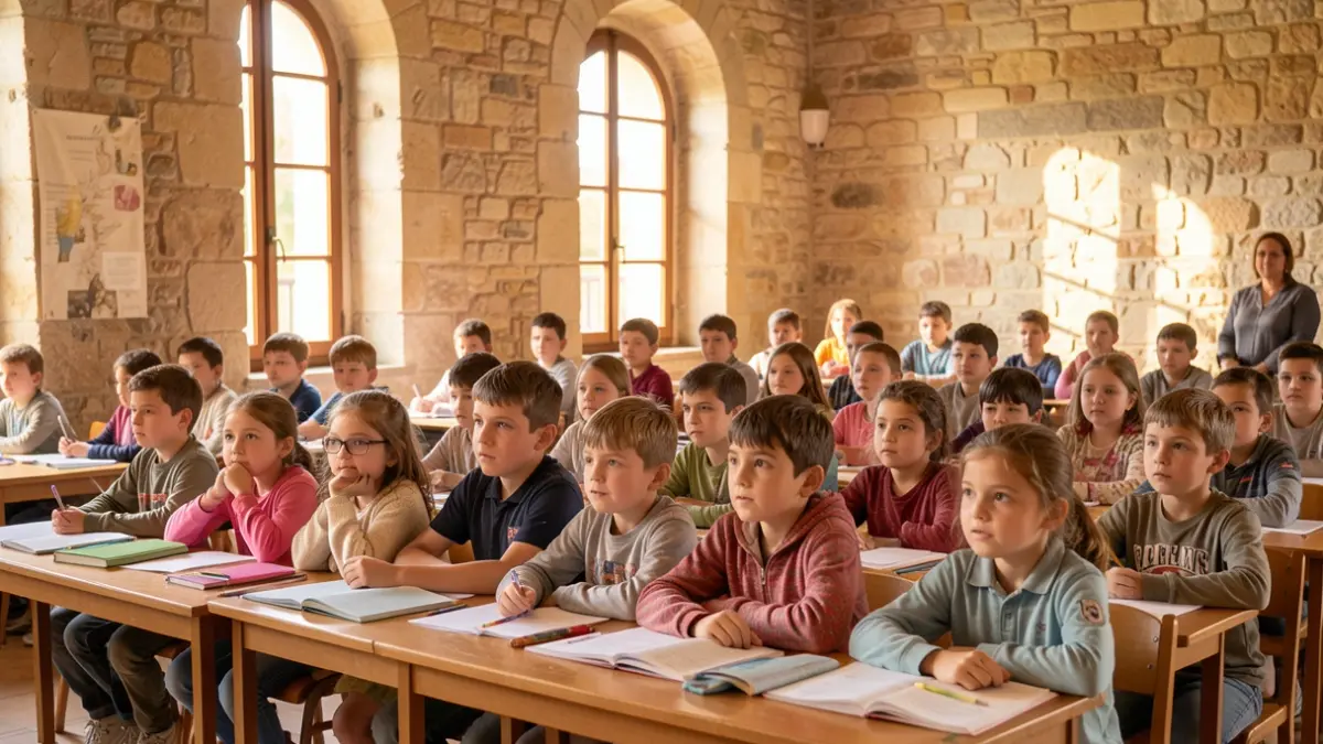 Image générique d'une salle de classe avec des enfants écoutant attentivement. Pas de noms propres ni d'affirmation que cela représente l'événement réel.