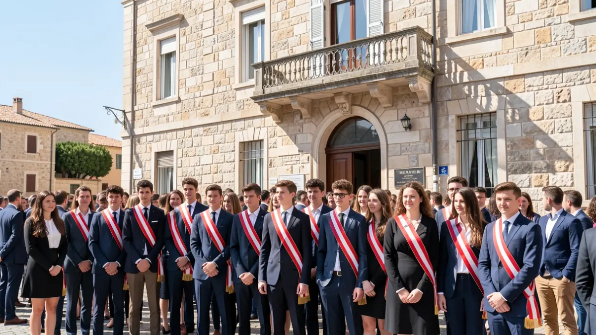 Generic image of young municipal council members wearing sashes in front of an official building.