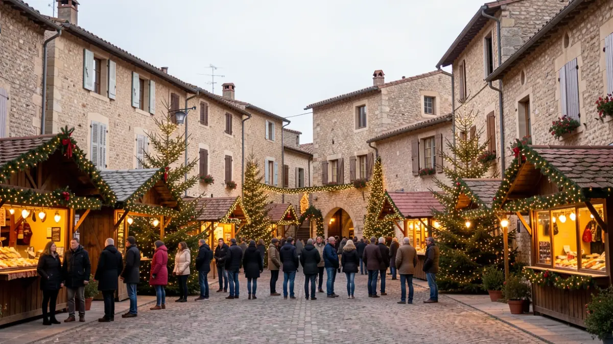 Place du village d'Allauch décorée pour les fêtes de fin d'année.