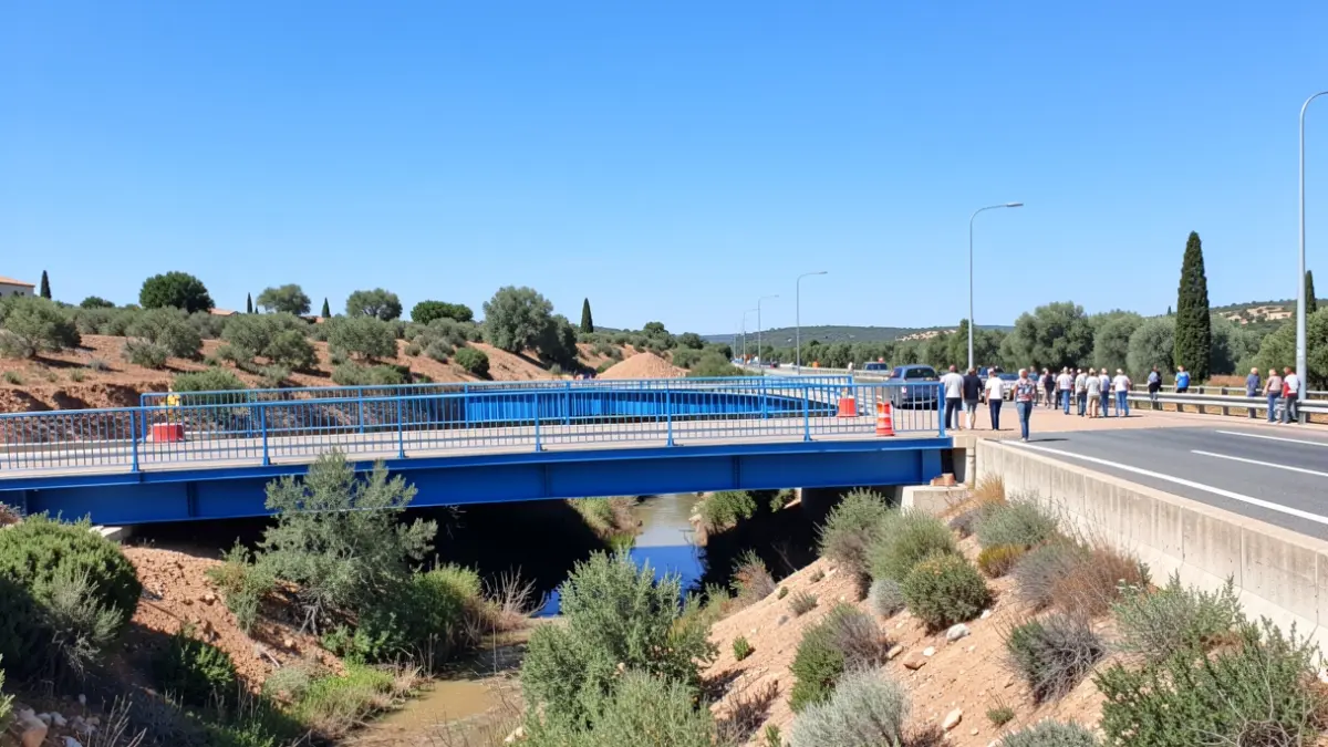 Generic image of construction work on a blue bridge over a national road in Southern France, with a blue sky.