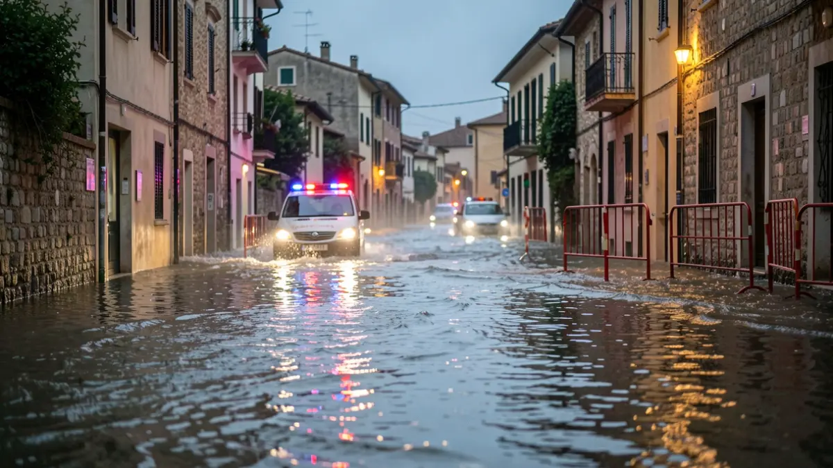Generic image of a flooded street in a Mediterranean town with emergency lights.