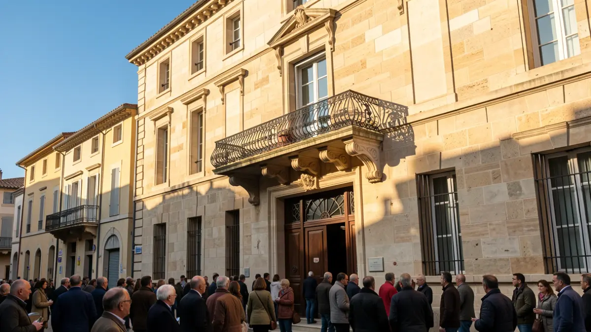 Image générique de la façade en pierre d'un hôtel de ville de Provence-Alpes-Côte d'Azur avec balcon et rambardes en fer forgé, sous le soleil d'après-midi.