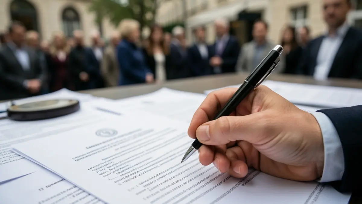 Image générique d'une main tenant un stylo sur un formulaire de demande de subvention, avec des documents officiels flous et un tampon en arrière-plan.