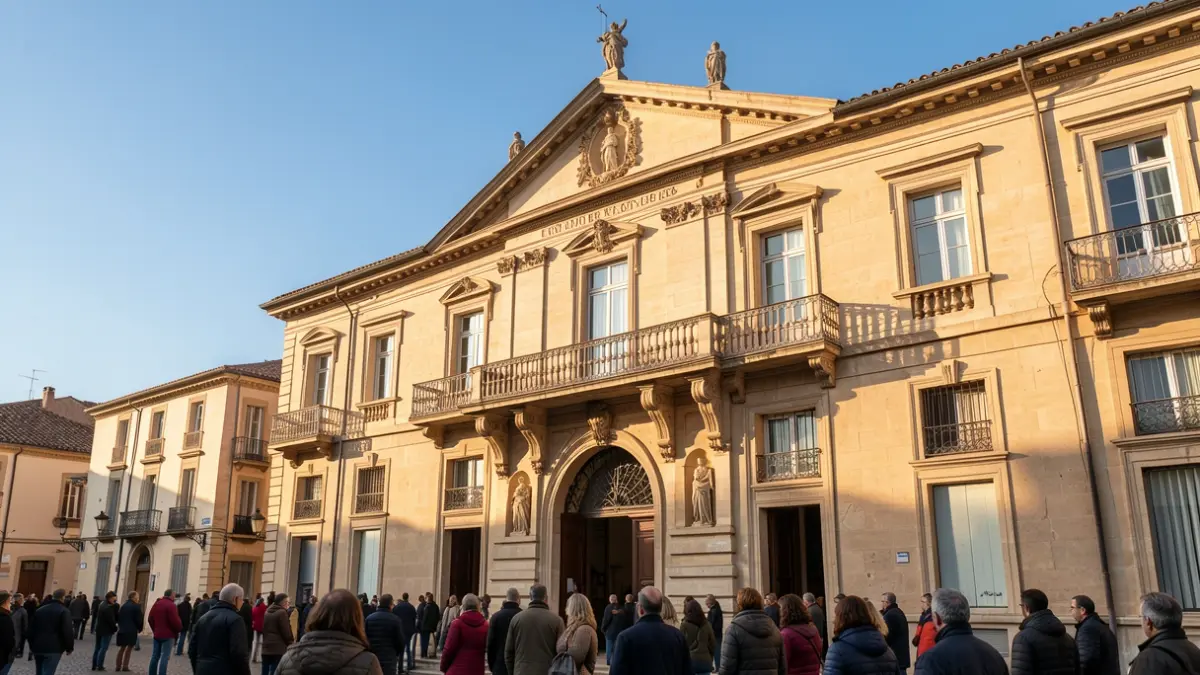 Image générique de la façade d'un hôtel de ville dans le sud de la France, avec des détails architecturaux et un balcon, sous un soleil d'après-midi.