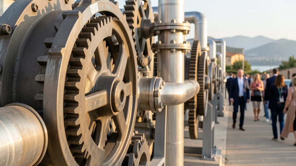 Image générique de rouages industriels et de tuyauterie dans une lumière méditerranéenne douce, évoquant l'innovation et la décarbonation.
