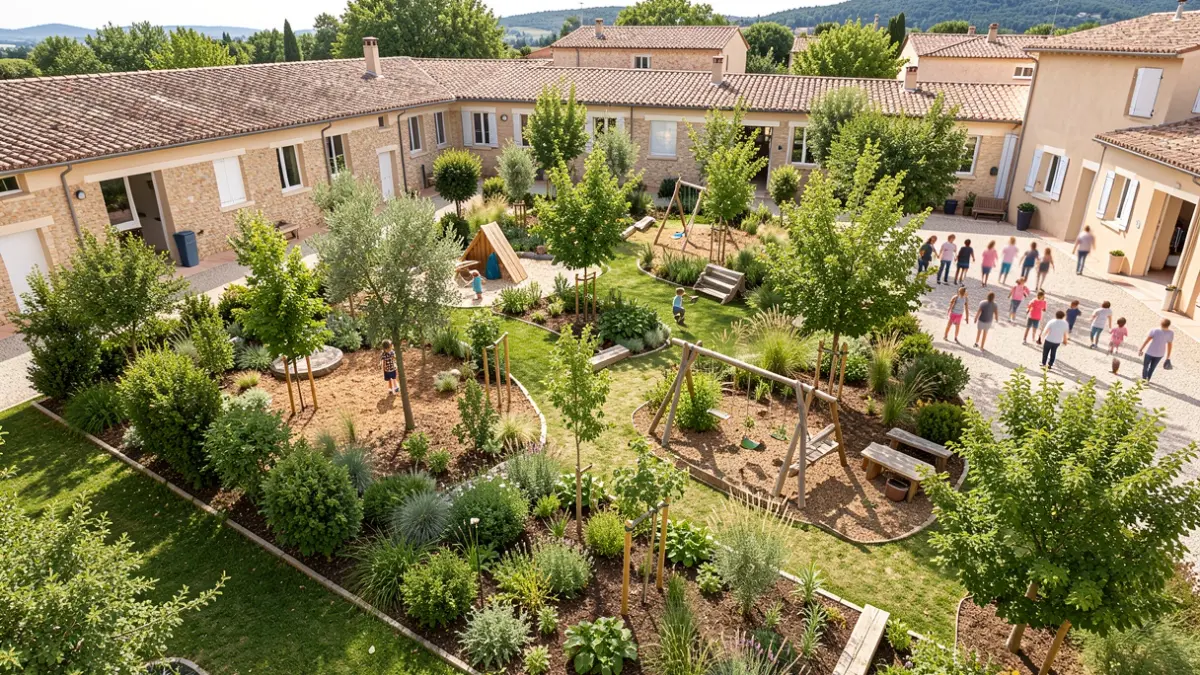 Vue aérienne d'une cour d'école à Aubagne transformée par la végétalisation.
