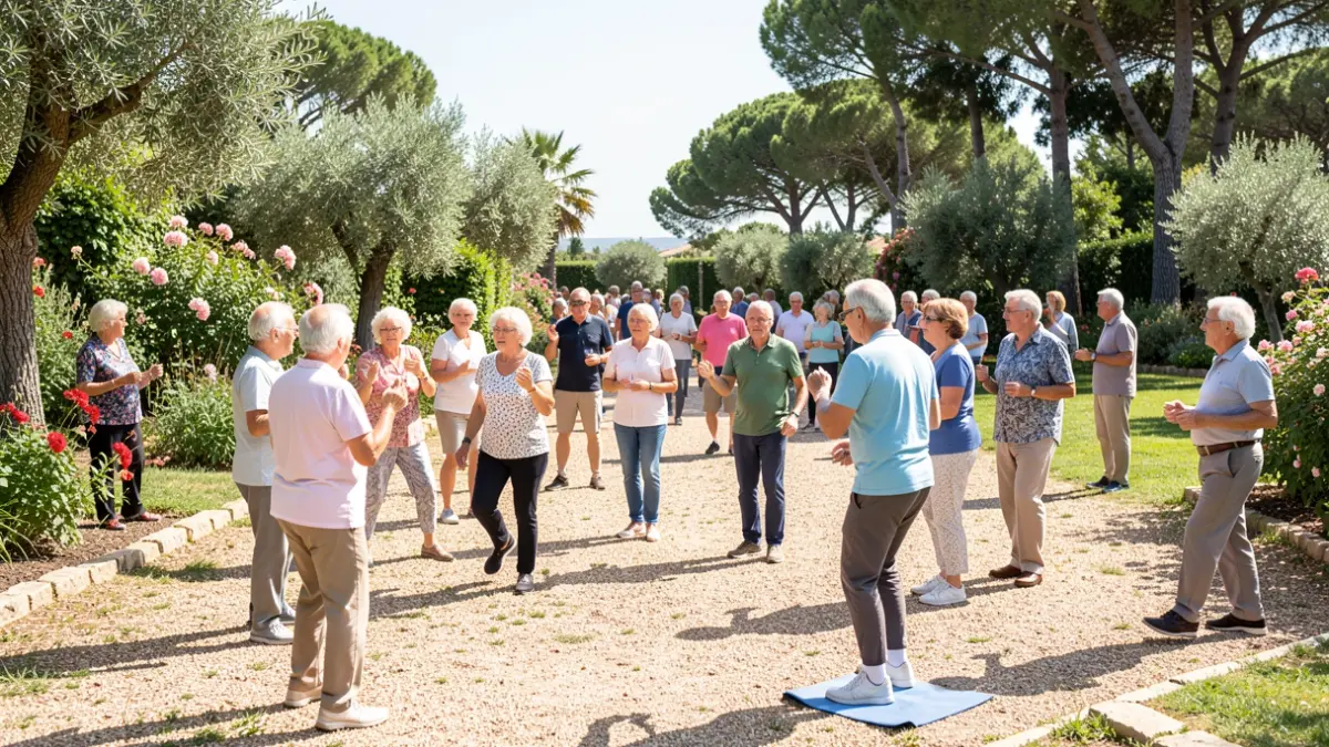 Image générique de personnes âgées participant à une séance d'exercice en plein air dans un parc ensoleillé.
