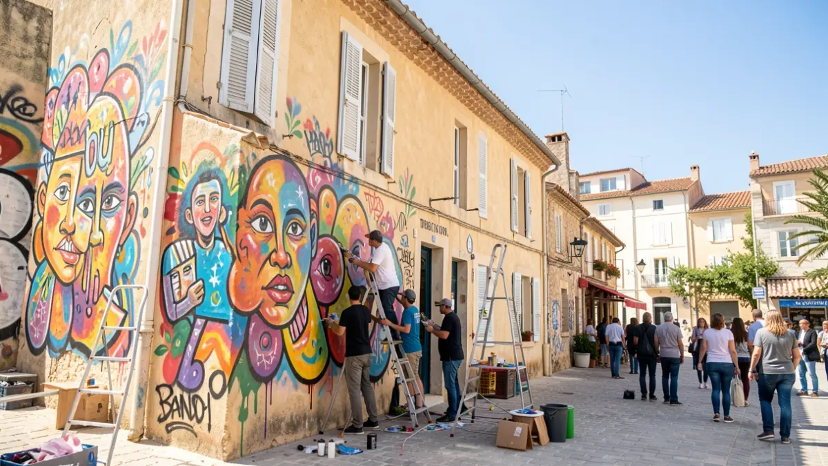 Image générique d'une fresque de street art en cours de réalisation sur un mur extérieur, avec des artistes au travail et une architecture méditerranéenne.
