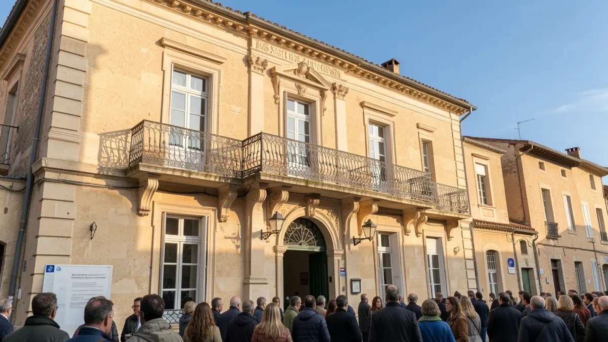 Generic image of a Provence-Alpes-Côte d'Azur town hall facade with an ornate balcony and iron railings, in warm afternoon sunlight.