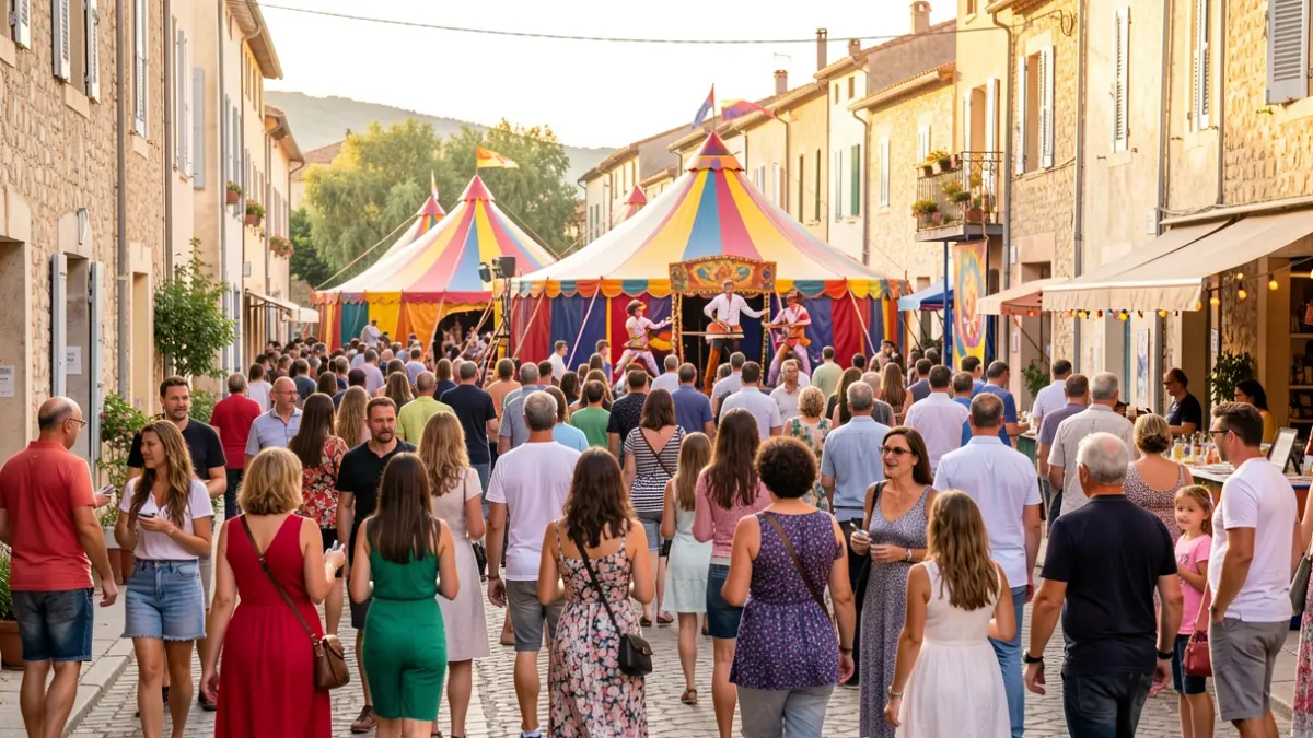 Image générique d'un festival de rue à Bandol avec des artistes et une foule joyeuse.