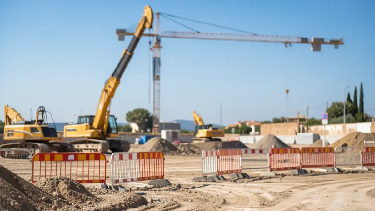 Image générique de chantier de construction avec grue et barrières de sécurité.
