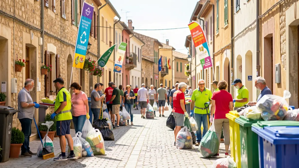 Image d'une initiative de quartier à Barriol, Arles, avec des résidents participant à un nettoyage et un recyclage.