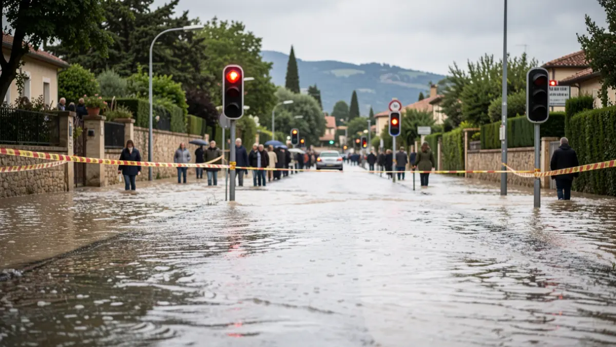 Image générique d'une route inondée avec des rubans de signalisation et des lumières de circulation floues.