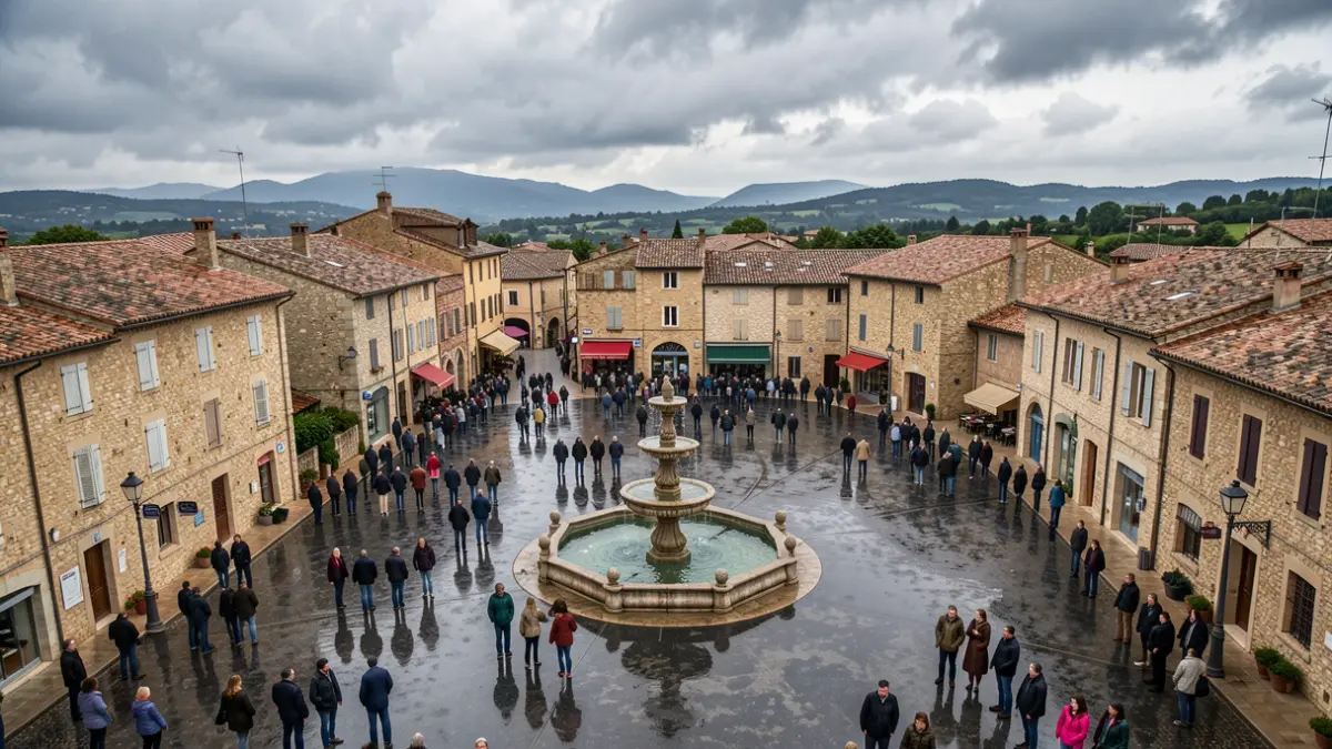 Generic image of a town square in Provence-Alpes-Côte d'Azur after heavy rain, with stone buildings and an overcast sky.
