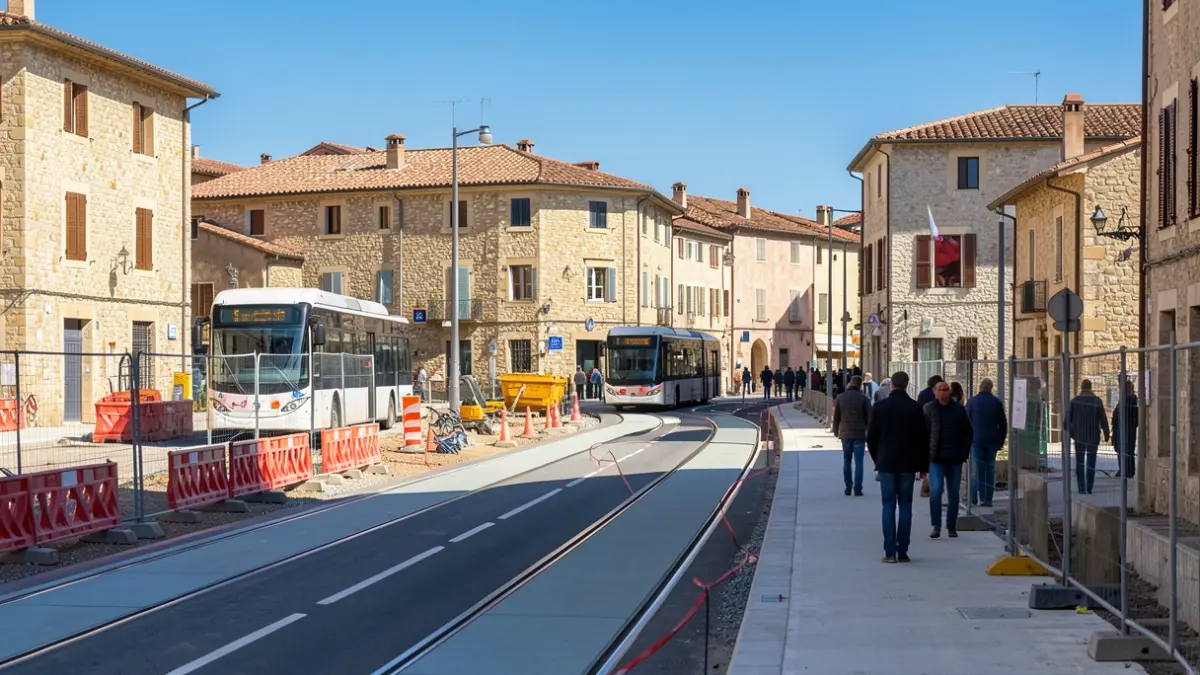 Generic image of bus rapid transit lane construction in a southern French city, featuring local architectural elements.