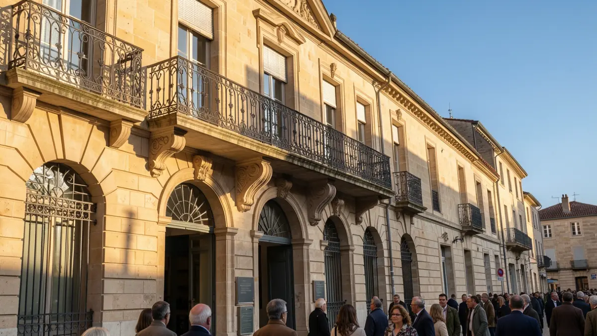 Image générique de la façade en pierre d'un hôtel de ville de Provence-Alpes-Côte d'Azur avec balcon et rambardes en fer forgé, lumière chaude de l'après-midi, ciel bleu.