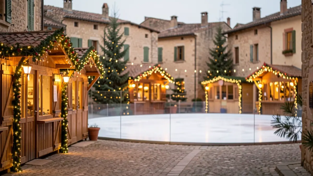 Christmas decorations in Bormes-les-Mimosas village with chalets and an ice rink.