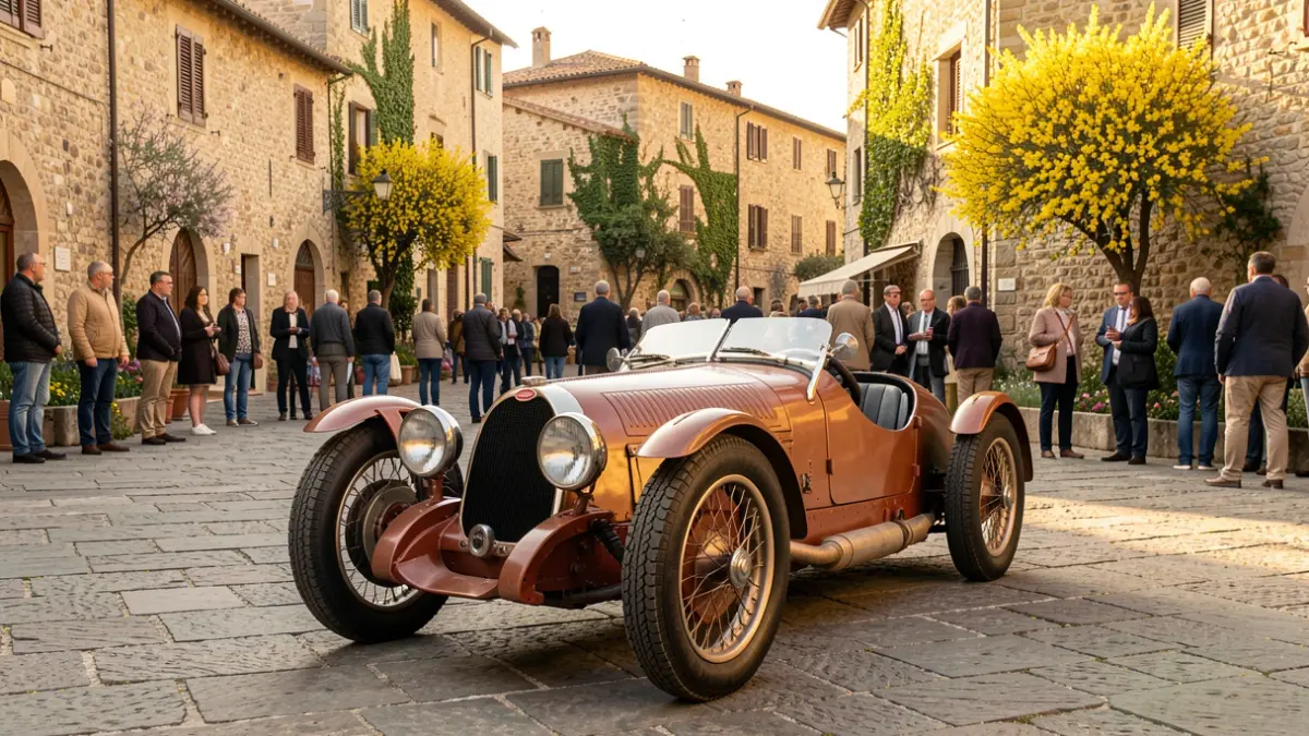 Une Bugatti Type 35 garée sur la place Saint-François à Bormes-les-Mimosas, lors de l'inauguration d'une plaque commémorative.