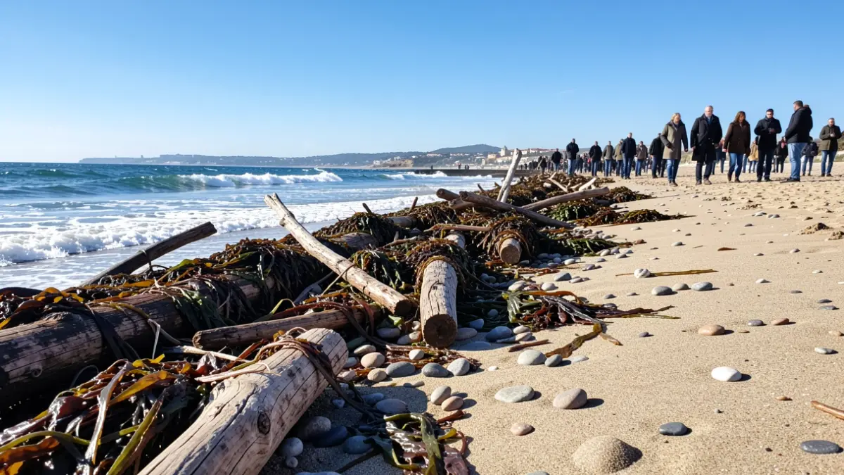 Image générique de débris naturels sur une plage méditerranéenne, formant une barrière protectrice.