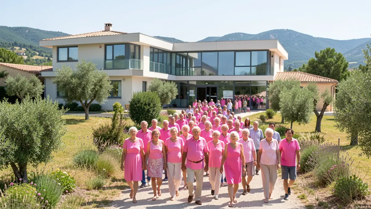 Image générique de personnes marchant sur un sentier vers un bâtiment de santé, sous un ciel ensoleillé.