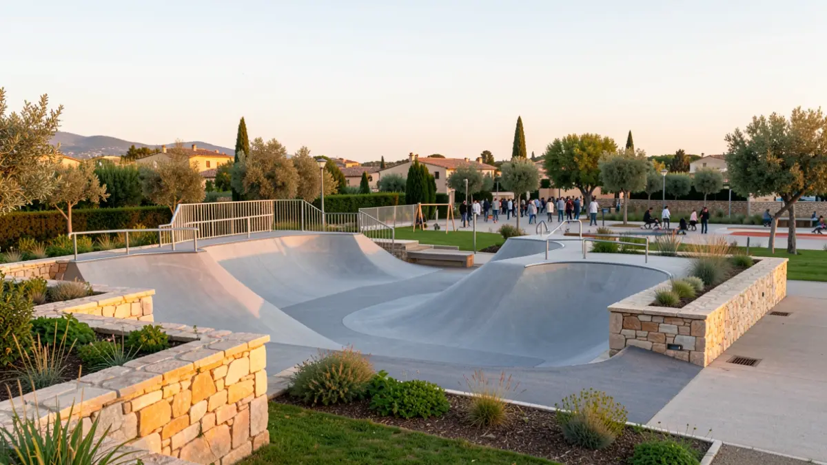 Generic image of a pump track and skatepark in a Mediterranean setting.