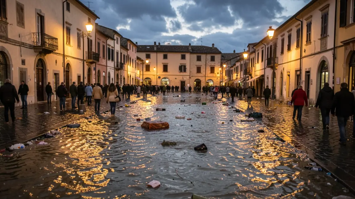 Image générique de rues inondées dans une ville méditerranéenne au crépuscule, l'eau reflétant la lumière chaude des lampadaires.