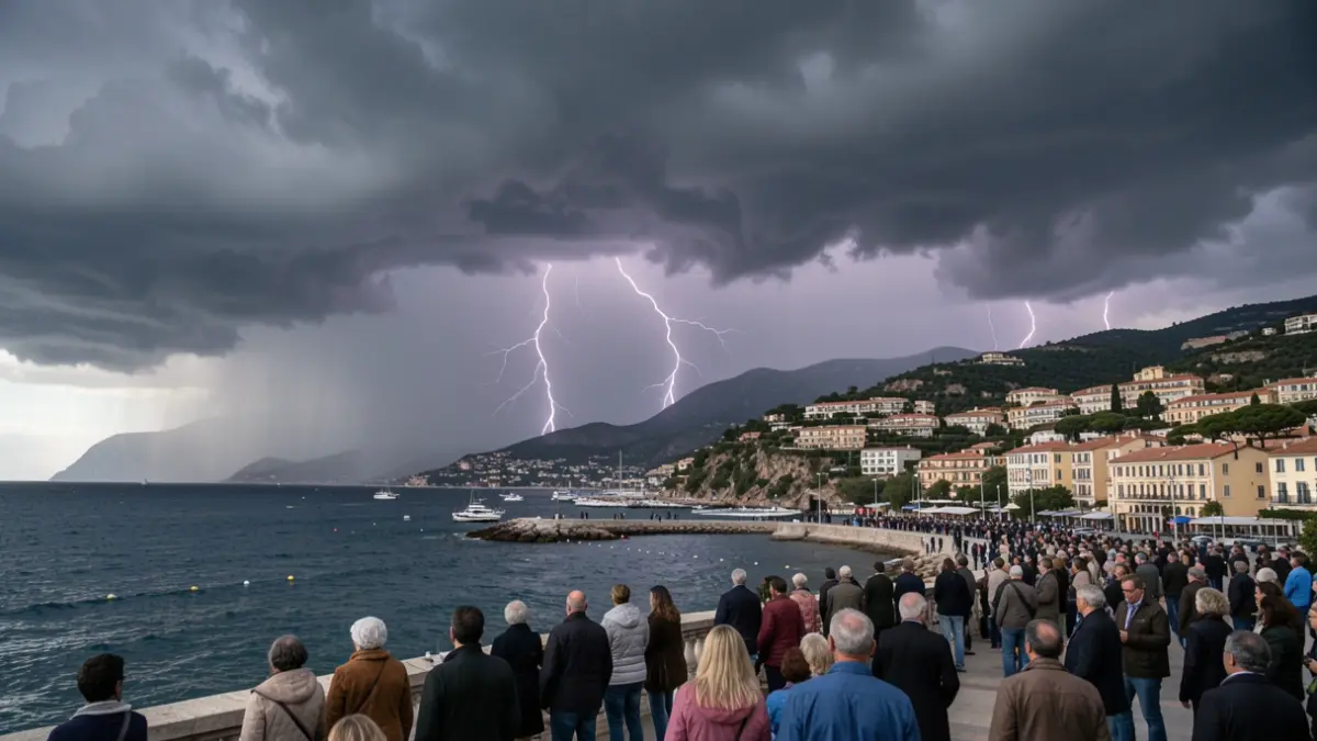Image générique de nuages d'orage s'accumulant au-dessus du littoral méditerranéen, avec de fortes pluies et des éclairs.